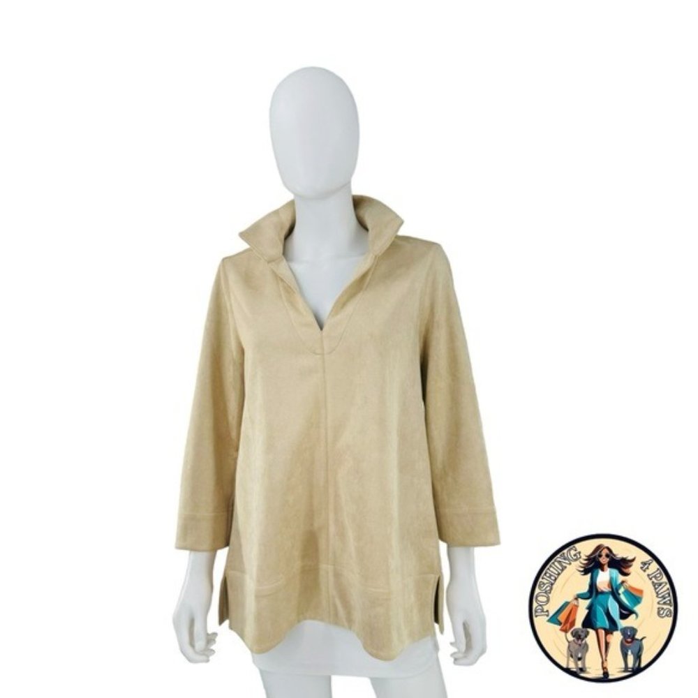 Tuckernuck NEW Bone Ivory Faux Suede Margot Collared 3/4 Sleeve Top Size M - Picture 3 of 10